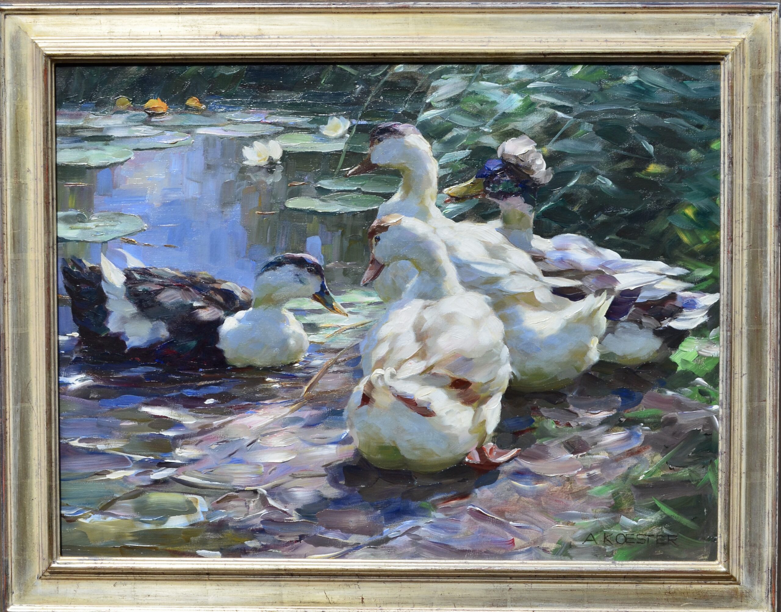 Hochwertiges Gemälde mit Enten am Ufer eines Teichs, Kunst aus dem Auktionshaus Miltenberg.