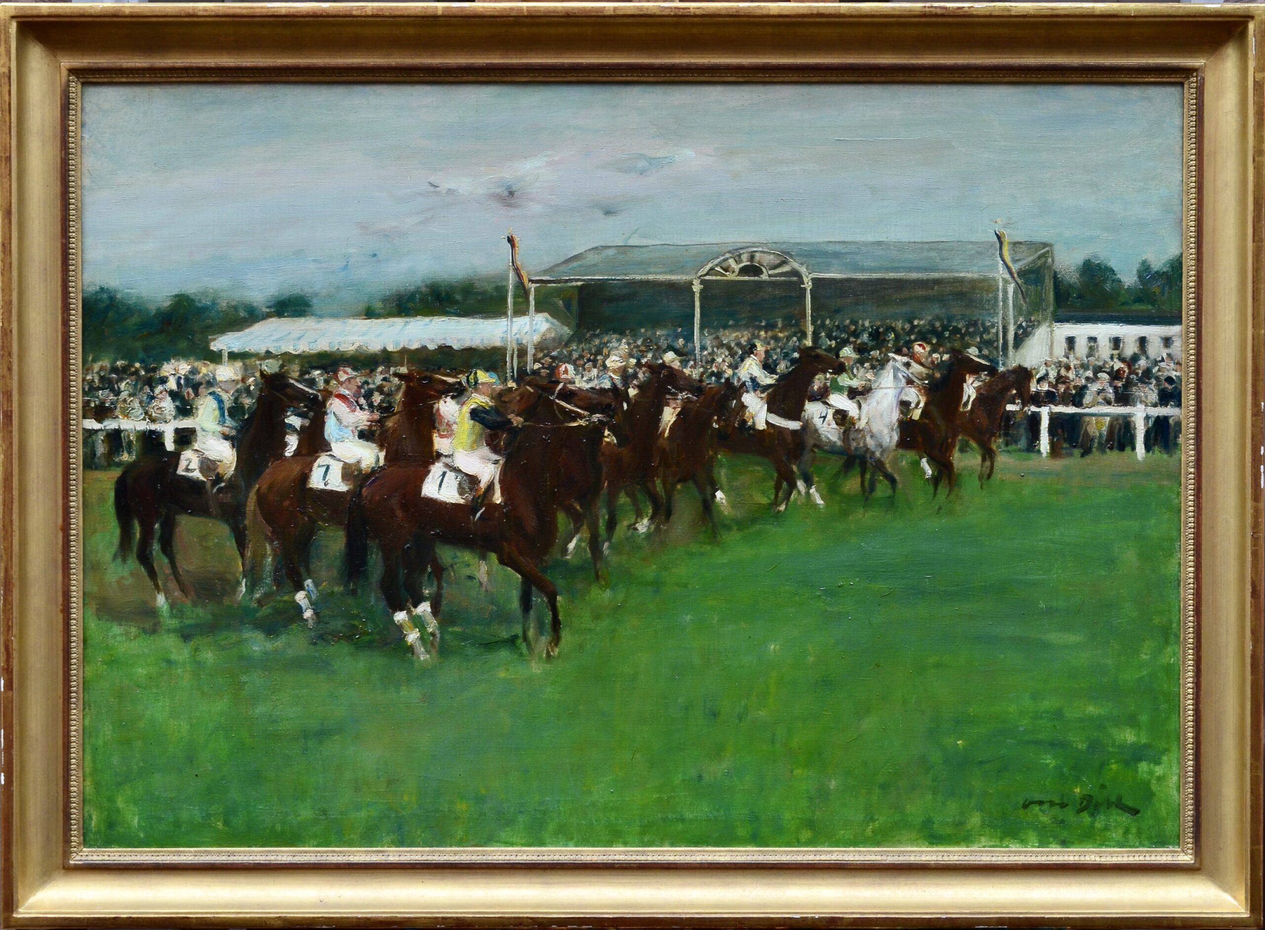 Ölgemälde von einem Pferderennen mit Reitern und Publikum auf der Rennbahn.