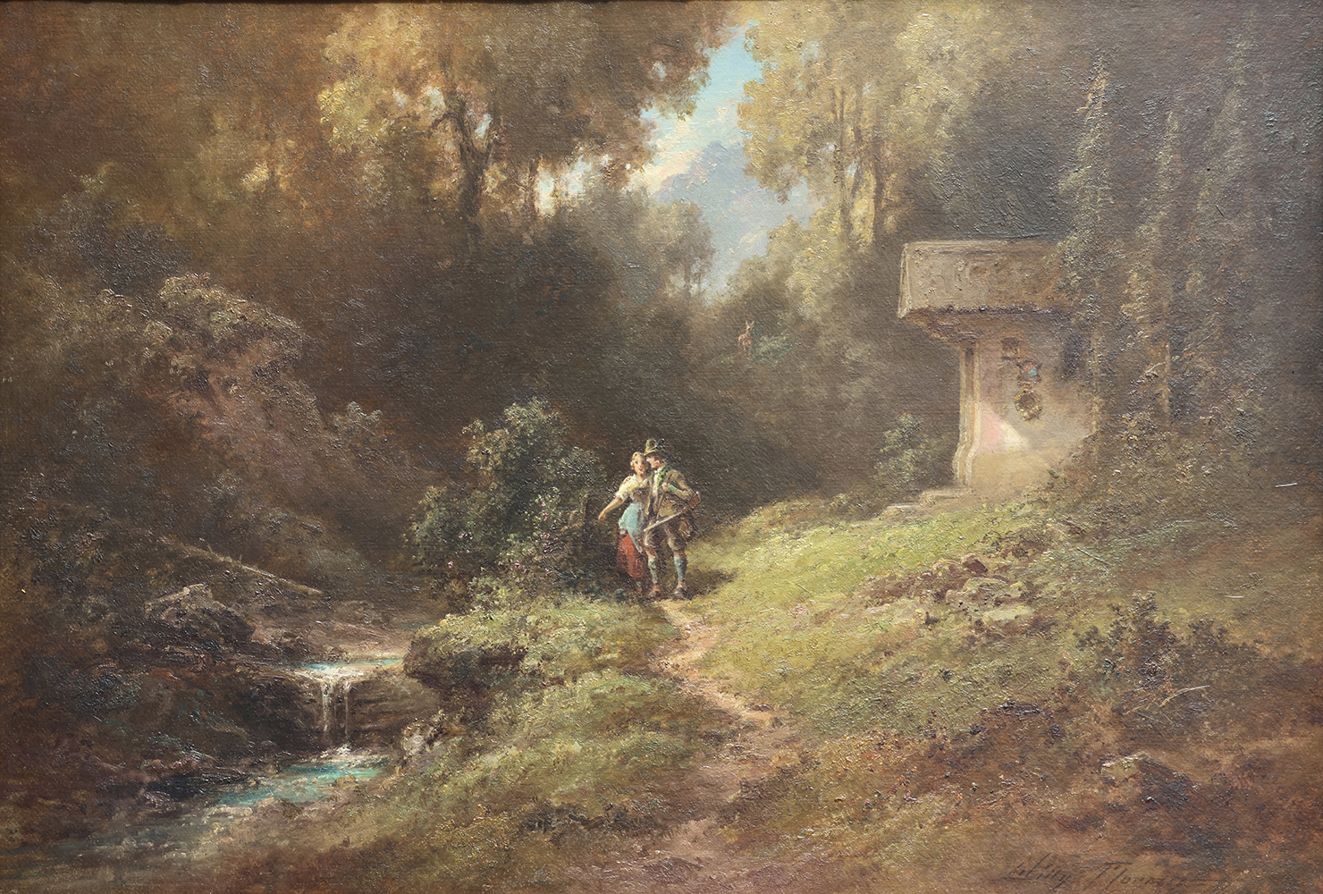 Romantische Landschaft mit Paar im Ölbild von Willy Moralt, 1884-1947.