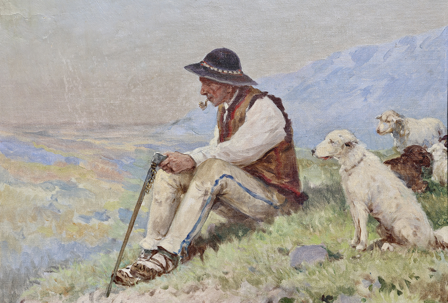 Ölbild von Adam Setkowicz: Schäfer mit Hunden in der Natur