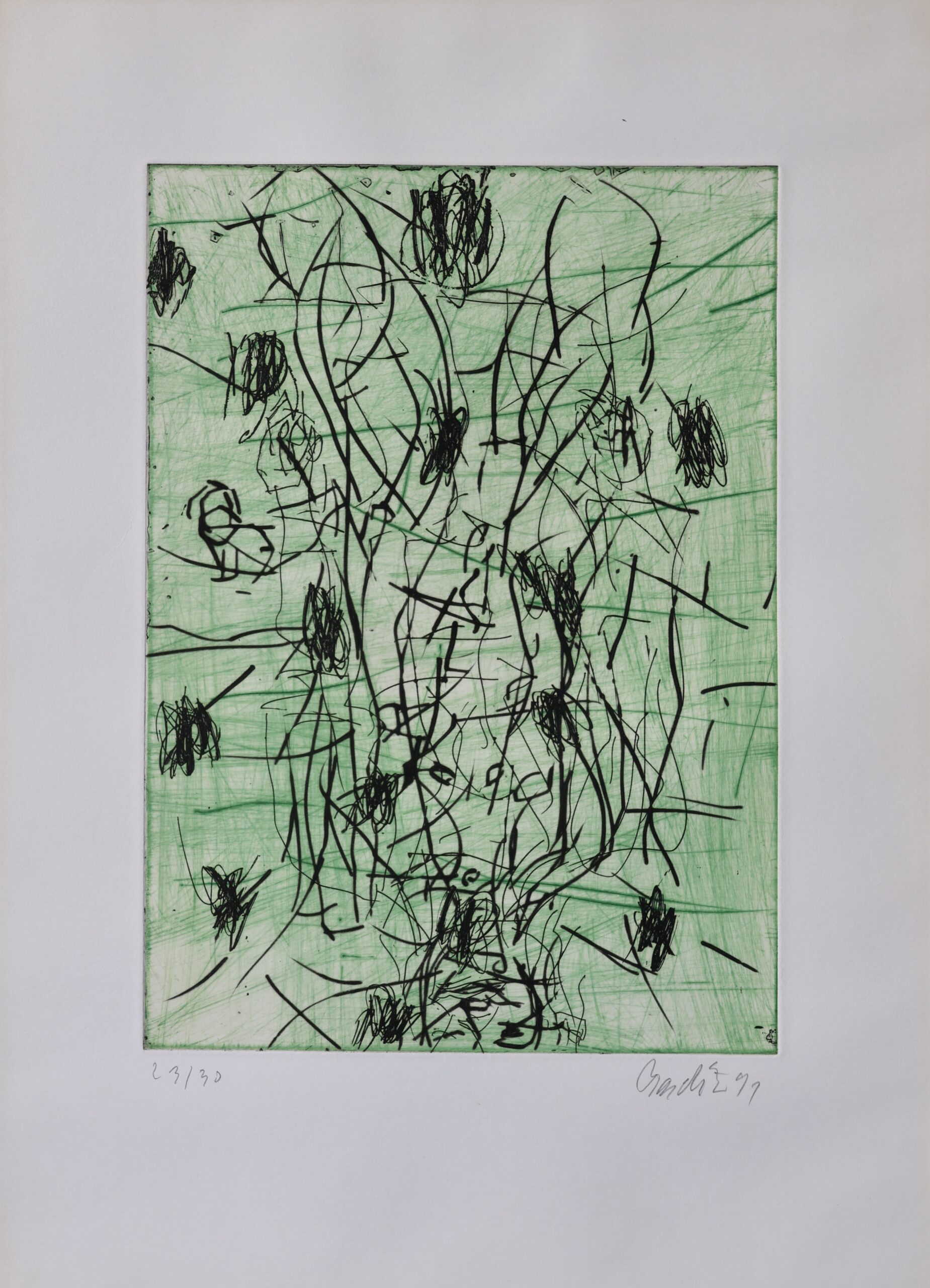 Kunstwerk von Georg Baselitz, Radierung mit abstraktem Design in Grün und Schwarz.