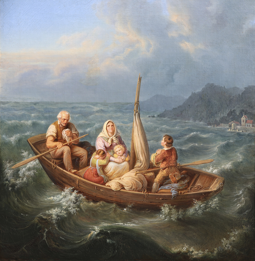 Ölgemälde von Gottlieb Gassen: Familienfahrt auf stürmischer See, 19. Jahrhundert.
